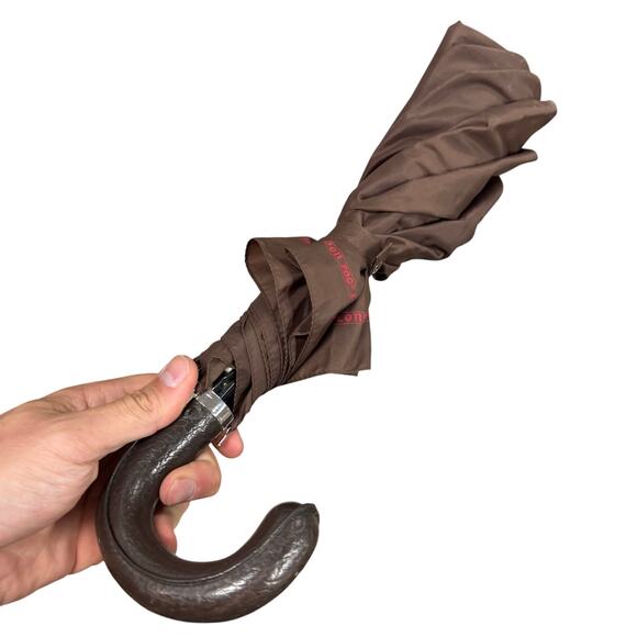 Vintage Brown London Fog Automatic Umbrella With Curved Faux? Leather Handle - Picture 1 of 6